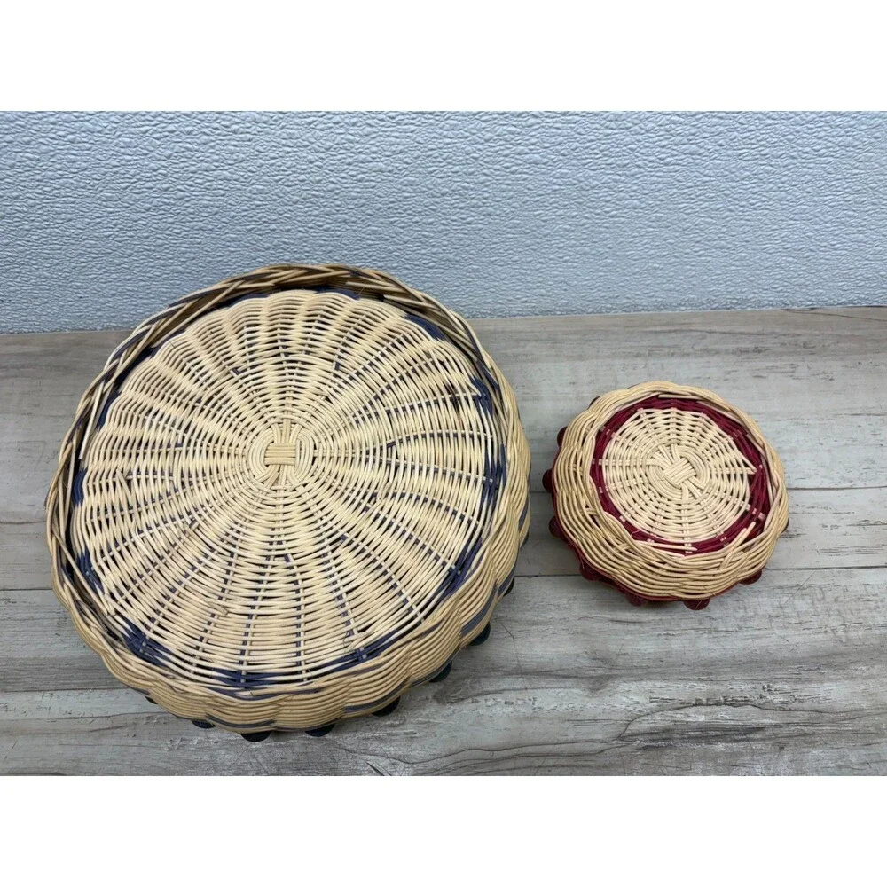 Vtg Set Of 2 Handwoven Baskets Doublewall With Beads Cherokee Style